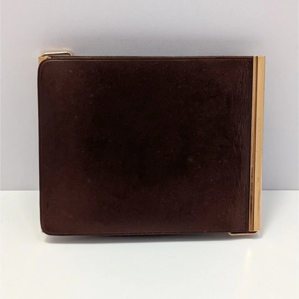 VTG Rumpp Brown Leather Billfold Wallet Match-Mates Dollar Bill Ads Gold Frame